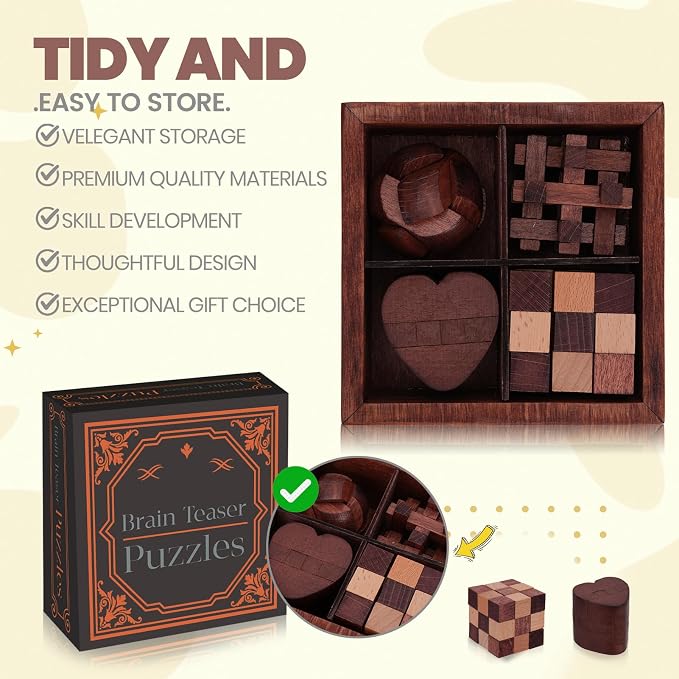 Wooden Brain Teaser Puzzles for Adults Teens - Brain Teaser Puzzles with Wooden Box 3D Puzzle Game Toys for Adults Teens - Unlock Interlocking Wooden Puzzle Adults Teens IQ Education Smart Toys