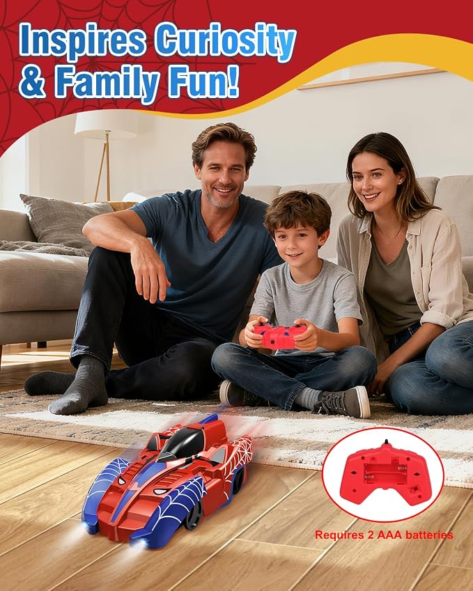 Spider Hero Wall Climbing Car Remote Control Kids Toy, 360° Rotating Remote Control Car with Light, Rechargeable RC Stunt Cars Wall Toys for Boys Kids Ages 4 and up