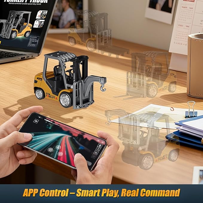 Mini Forklift Remote Control 1:64 RC Forklift Toy, 2.4GHz Construction Vehicle with LED Music, Variable Speed 2-in-1 Transformable Lift Fork & Hook, Includes 4 Road Barriers, Gift for Kids & Adults