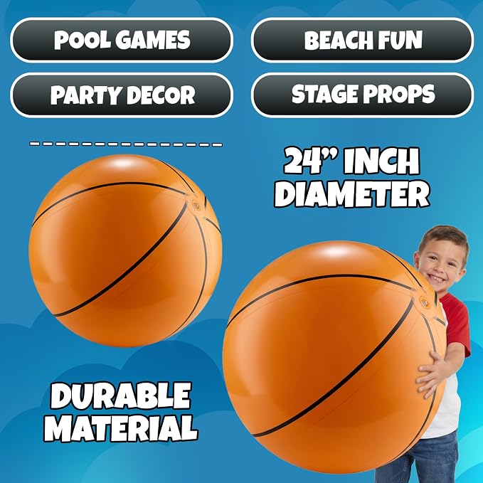 24-Inch Giant Beach Balls - (3-Pack) Inflatable Basketball Beach Balls - Extra Large Blow Up Pool Balls for Kids, Summer Pool Toys, Basketball Party Decorations & Sports Theme Decorations
