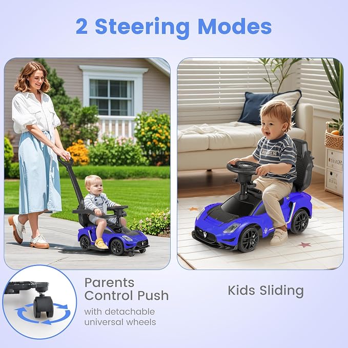 OLAKIDS Push Car for Toddlers, Licensed Maserati 3 in 1 Baby Ride on Sliding with Parent Control Handle, Universal Wheels Safe Guardrails Under Seat Storage, Kids Walking Toy with Music Horn (Navy)