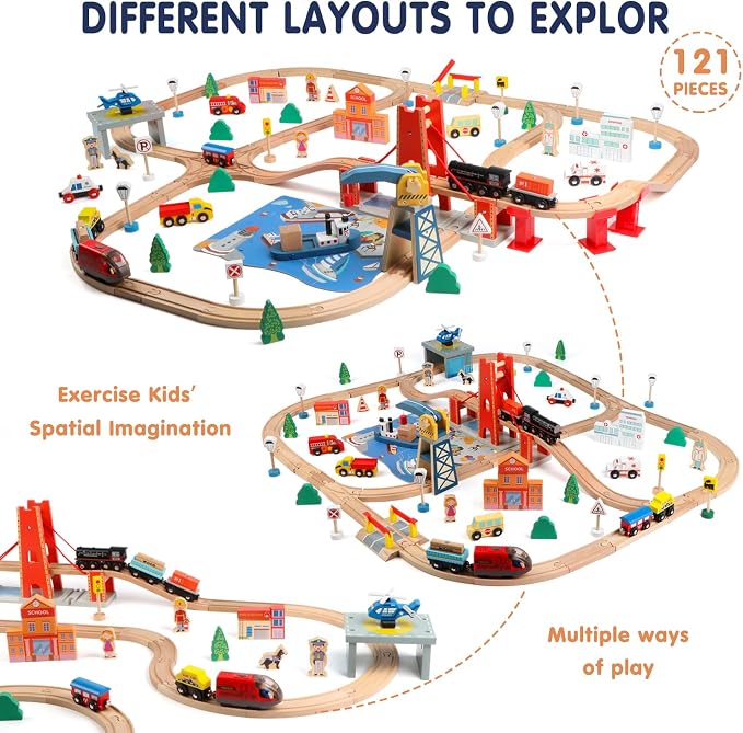 Qilay 121PCS Wooden Train Set with Storage Bag - Busy Port City Wooden Train Track Set Toy for Kids Ages 3+, Compatible with Major Brands, Great Birthday Railway Playset Gift for Boys & Girls