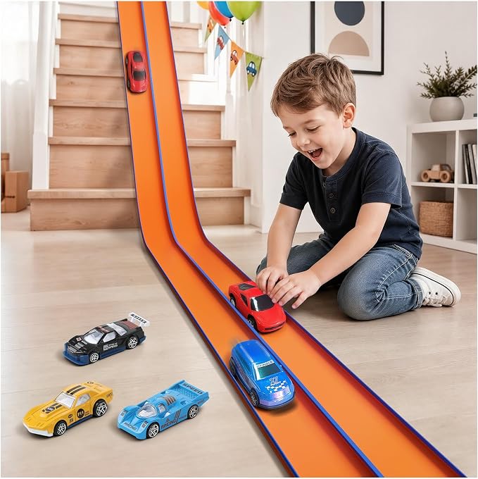 Upgrade Flexible Race Track for Kids, 15 Ft Flex Race Car Ramp Track with 4 Cars & Suction Cups - Compatible with Diecast 1/64th Cars, Car Tracks Toys for Kids Boys Girls Ages 3 4 5 6+ (Orange)