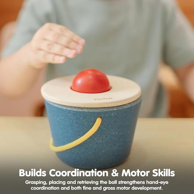 PlanToys® Pop 'N' Drop Bucket | Wooden Object Permanence Toy for Babies 6M+ | Montessori Interactive Ball Dropping Toy with Lid | Develops Hand-Eye Coordination, Motor Skills & Cause-&-Effect Learning