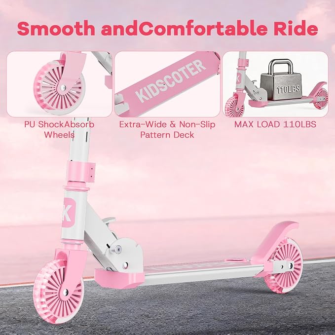 2 Wheel Scooter for Kids 3-12, Light Up Wheels & LED Stem Kick Scooter, Height Adjustable & Foldable Design, Lightweight Sport Scooter for Girls Boys with Kickstand