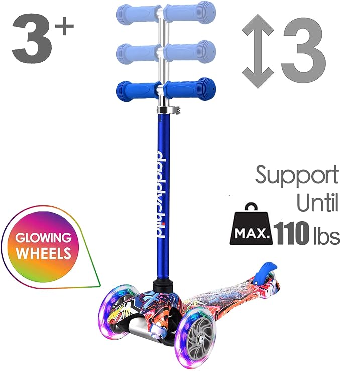3-Wheel Kick Scooter for Kids Ages 3-8 Lean-to-Steer Toddler Scooter with Extra Wide Light Up Wheels, 4 Adjustable Heights, Foldable Scooters for Boys & Girls, Max Weight 110lbs