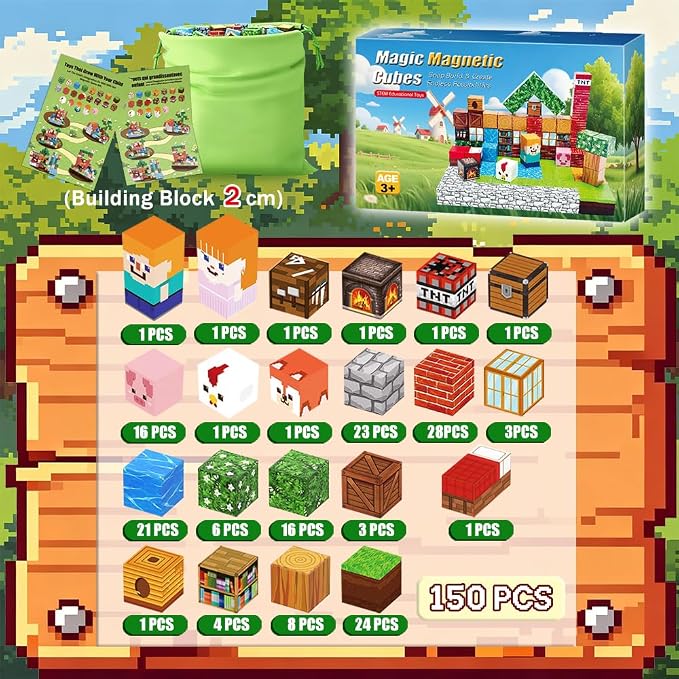 Forest Life Magnetic Blocks 150PCS - Pixel Village Themed Magnetic Cubes Set for Kids Ages 3+, STEM 3D Magnet Tiles Educational Construction Toys Sensory Montessori Stacking Blocks Gifts Girls Boys