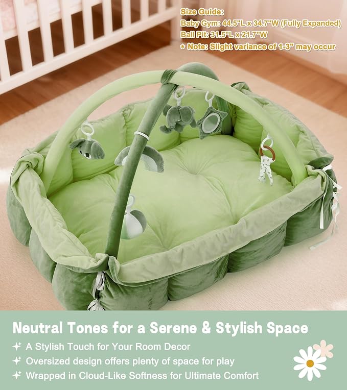 5-in-1 Baby Play Gym and Tummy Time Mat, 12 Learning Cards, Plush Activity Mat with 6 Toys, Convertible to Ball Pit, Baby Gift, Green