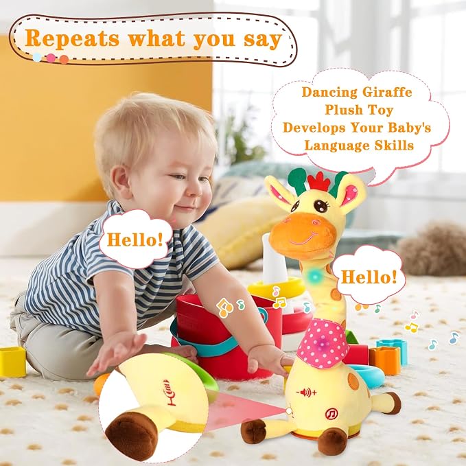 Dancing Talking Giraffe Toy, Stuffed Animal Baby Toy Repeating What You Say, Glowing Musical Giraffe Gifts for Toddlers 1-3 Years Old, for Kids (Giraffe)