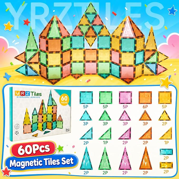 Magnetic Tiles 60-Piece Set for Kids, Magnetic Building Blocks STEM Toys for Age 3+ Boys and Girls, Educational Magnet Construction Tiles for Creativity & Learning