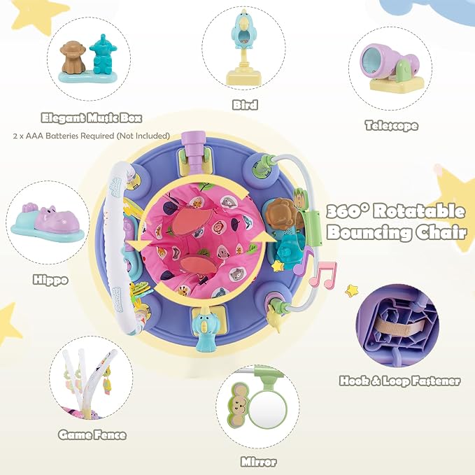 HONEY JOY Baby Bouncer Activity Center, 3-Stage Bouncing Activity Saucer & Playtime Mat & Activity Table, Toy-Bar, 3 Adjustable Heights, Foldable Activity Center for Infants & Toddlers(Pink)