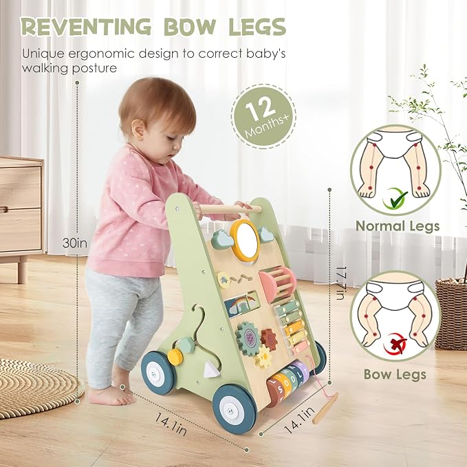 Baby Push Walker, Wooden Baby Walker with Wheels, Montessori Walker for Babies 12 Months, Adjustable Speed Push Walking Toys for Boys & Girls 1 Year Old, Christmas Birthday Gifts for Toddler