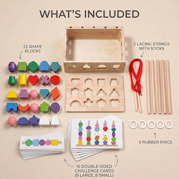 4 in 1 Montessori Wooden Shape Sorter Toy, Color Sorting Stacking Sequencing and Lacing Beads with Pattern Cards, Fine Motor Skills Learning Toy for Toddlers Preschool Boys Girls
