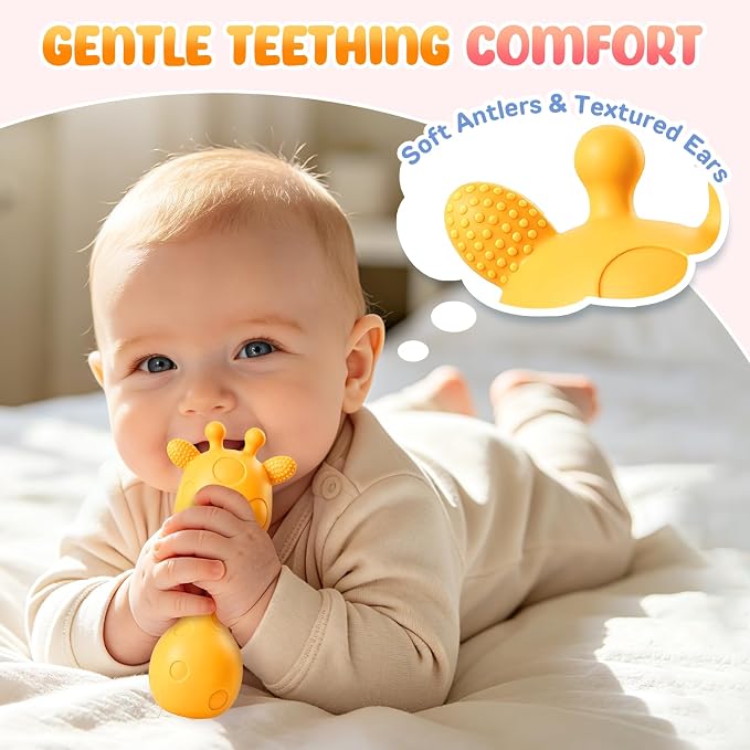Baby Rattles Teething Toys 3-6 6-12 Month, Multi-Functional BPA-Free Silicone Teether Toys for Teething Relief & Sensory Rattle Play, Perfect Infant Newborn Toys & Baby Gifts (Yellow)