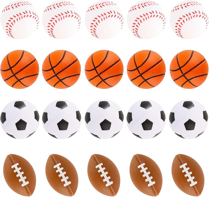Mini Sport Stress Ball 20 Packs Sport Party Supplies Small Foam Anxious Toy Baseball Basketball Football Soccer Stress Ball for Kids School Carnival Reward Sport Party Decorations