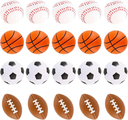 Mini Sport Stress Ball 20 Packs Sport Party Supplies Small Foam Anxious Toy Baseball Basketball Football Soccer Stress Ball for Kids School Carnival Reward Sport Party Decorations