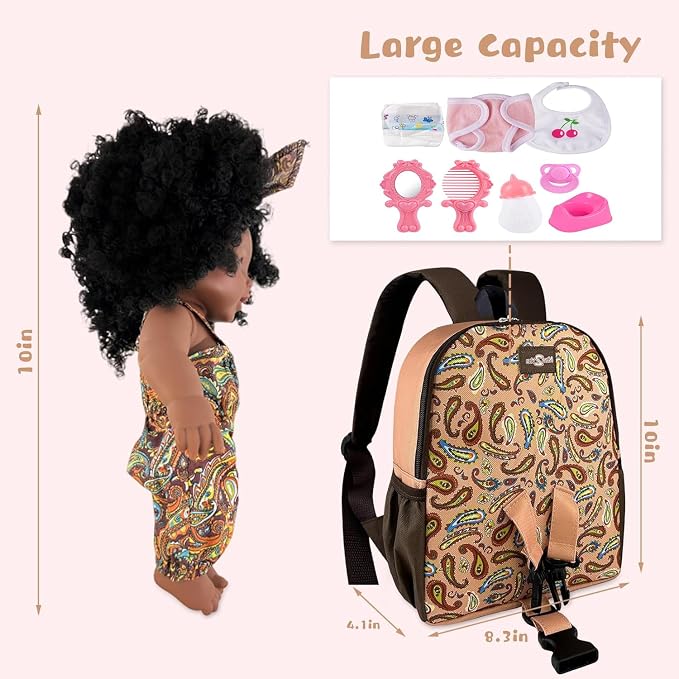 Nice2you Black Baby Doll in Take Along Backpack Carrier, 10in American African Girl Doll for Toddlers and Kids Aged 1-3 2 4 5 Year Old, Backpack for Baby Doll Accessories Storage