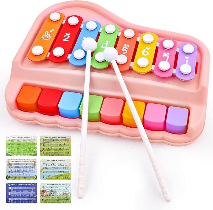 Pink 2-in-1 Toddler Xylophone Piano Toy, Toddler 8 Key Musical Instrument with Mallets & Music Cards, Montessori Educational Gift for Girls Ages 1-3