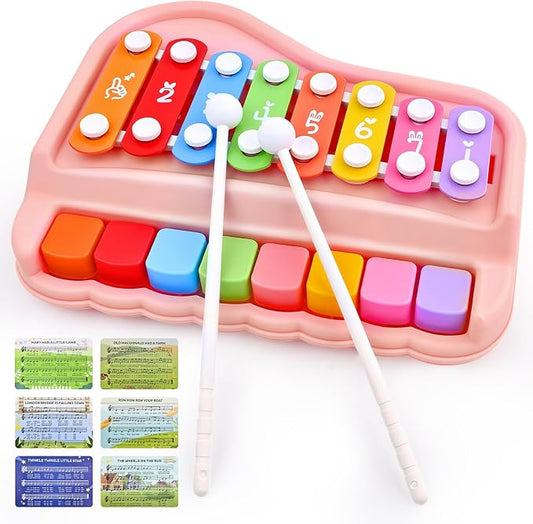 Pink 2-in-1 Toddler Xylophone Piano Toy, Toddler 8 Key Musical Instrument with Mallets & Music Cards, Montessori Educational Gift for Girls Ages 1-3