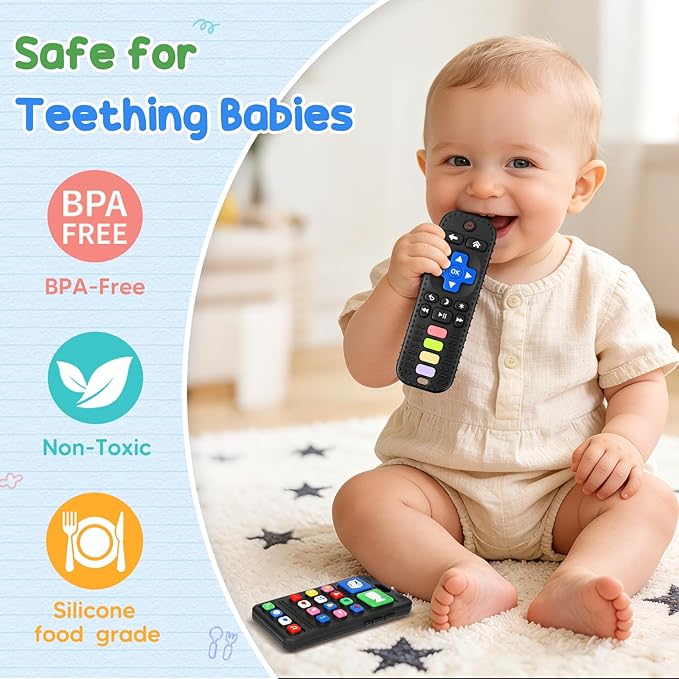 2 Pack Baby Teething Toys 3-6 Months, Silicone Phone and Remote Teether Toys for Baby 6-12-18 Months, Sensory Chew Toys, BPA Free Infant Teething Relief for Boys Girls, Baby Birthday Shower Gifts