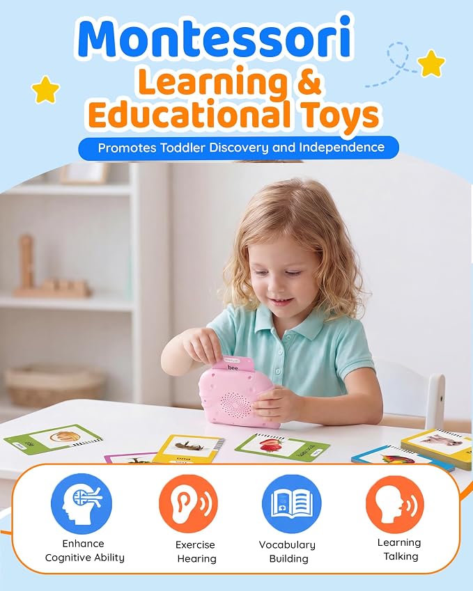 Aullsaty Talking Flash Cards for Toddlers Ages 1-3, 224 Words Montessori Speech Therapy Toys, Autism Sensory Toy, Educational Learning Speech Therapy Birthday Gifts for Boys Girls (Pink)