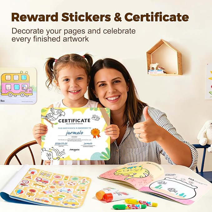 Jar Melo Animal & Vehicle Coloring Books for Toddlers Ages 2–4, 2 Pack Easy Activity Set for Learning, Includes Colorful Backgrounds, Stickers & Reward Certificate