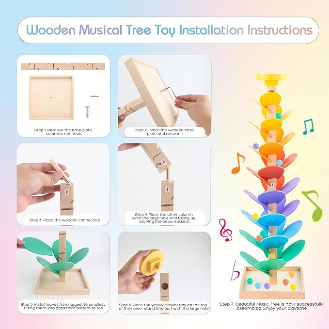 Wooden Marble Run Music Tree, Montessori Toy for Ages 3+, Marble Run Learning Game, Creative Color Sorting Toy, Birthday Gift for Boys and Girls Ages 4-8