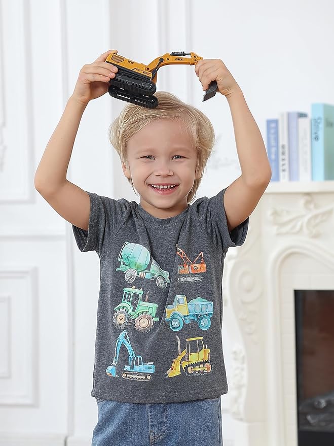 Lovekider Cotton Shirt for 3-6T Boys Truck Dinosaur Toddler Kids T-Shirt Short Sleeve Excavator Construction T-Rex Tee Shirts