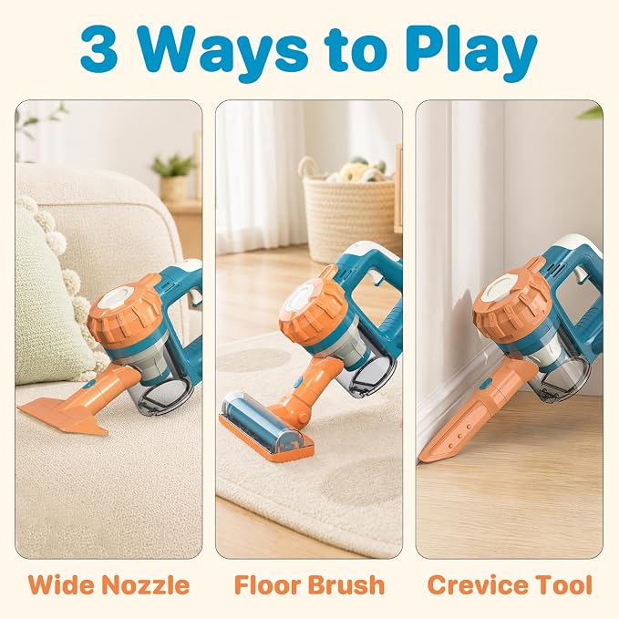 3-in-1 Kids Vacuum that Really Works - Toddler Vacuum Cleaner with Real Suction, Pretend Play Housekeeping & Cleaning Toy Set for Kids Ages 3+ (Blue)