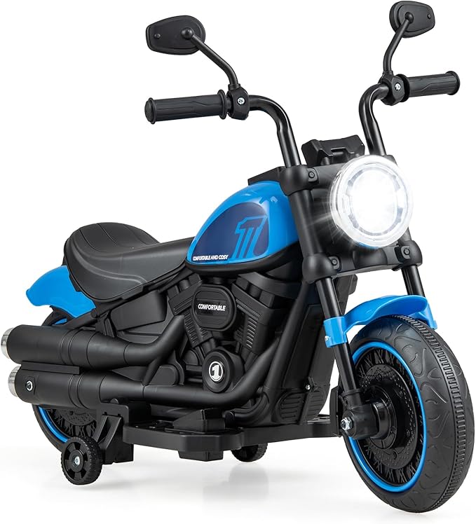 Costzon Toddler Motorcycle, 6V Battery Powered Electric Motorcycle with Detachable Training Wheels, Soft Start, Headlights & Music, Kids Motorcycle Ride on Toy for Toddlers Boys Girls 18+ Months(Blue)