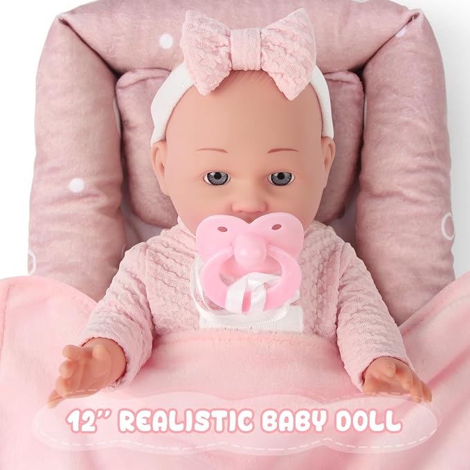 12'' Baby Doll in Gift Box - Toddler Baby Doll Set with Pacifier, Feeding Bottle, Blanket | Great Gift for 3+ Year Girls Pink