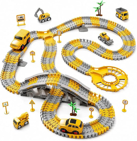 Kids Flexible Construction Race Track Set for Boys 3-5, STEM Building Toys with 2Race Cars & 4 Engineering Vehicles (Excavator, Cement Truck), DIY Car Tracks Birthday Gifts for Toddlers Ages 4-6 Years