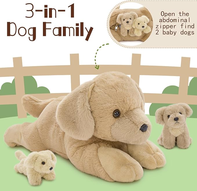 MorisMos Golden Retriever Stuffed Animals with Babies Inside,18'' Mommy Puppy Surprise with Baby Dog Toys for Kid Girl Boy,Realistic Golden Retriever Dog Stuffed Animals for Baby Shower Birthday Gift