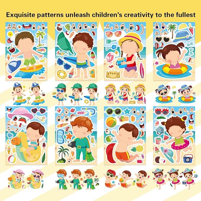 24PCS Summer Stickers for Kids, Make-a-face Stickers, Make Your Own Sticker for Girls Boys, Preschool Holiday Party