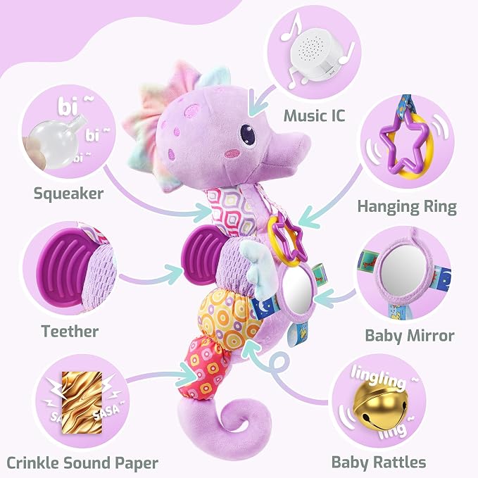 LIGHTDESIRE Baby Toys Sensory Musical Seahorse Soft Plush Stuffed Animals | Infant Toys with Teething Crinkle & Rattles for Newborn 0-3-6-12 Months Tummy Time Toys for Boys Girls Birthday Shower Gifts