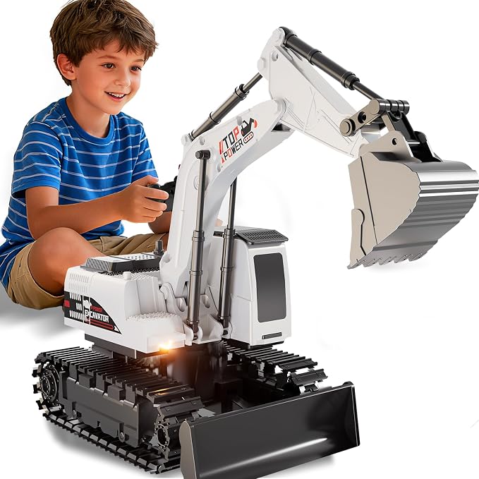 Remote Control Excavator for Boys 4-7, RC Excavator for Kids, 27 MHz Construction Trucks Vehicles Toys for Toddlers 1-3 3-5 4-7 with Metal Shovel and Light Birthday Boys Gifts