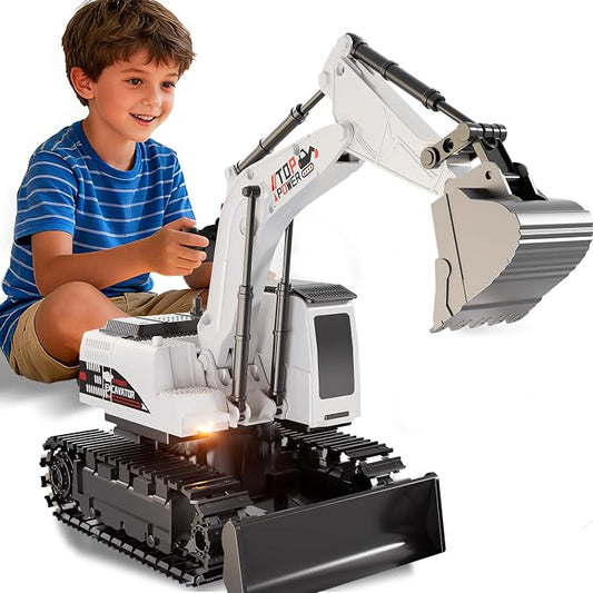 Remote Control Excavator for Boys 4-7, RC Excavator for Kids, 27 MHz Construction Trucks Vehicles Toys for Toddlers 1-3 3-5 4-7 with Metal Shovel and Light Birthday Boys Gifts