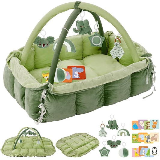 5-in-1 Plush Baby Play Gym, Baby Play Mats, Convertible Baby Gym, Tummy time mat, 6 Sensory Toys, Activity Center, Ball Pit, Green