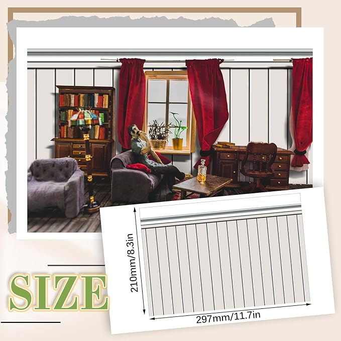 Flutesan 12 Pcs Miniature Dollhouse Wallpaper and Flooring Peel and Stick Mini DIY Self Adhesive Dollhouse Accessories 8.27 x 11.69 Inch (Wood Paneled Wall)