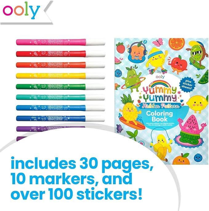 Ooly Travel Art Kit for Kids – Yummy Yummy Scented Coloring Kit, 1 Fruit-Scented Markers, 1+ Stickers, 3-Page Coloring Book, Mess-Free Road Trip & Airplane Activity