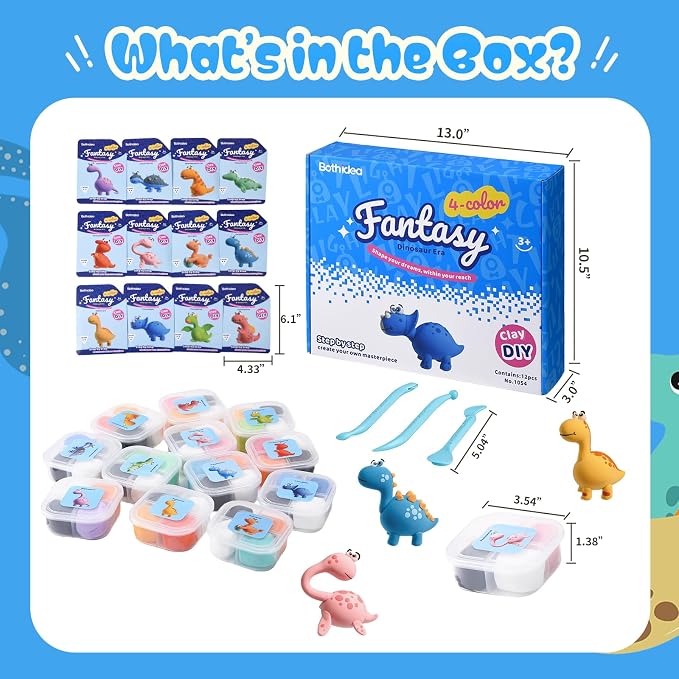 Both idea Air Dry Clay Kit, Dino Theme | 12 Packs, Non-Toxic Kids Gift | School & Party: Perfect for classroom art activities, birthday party favors, creative family DIY, and holiday celebrations.