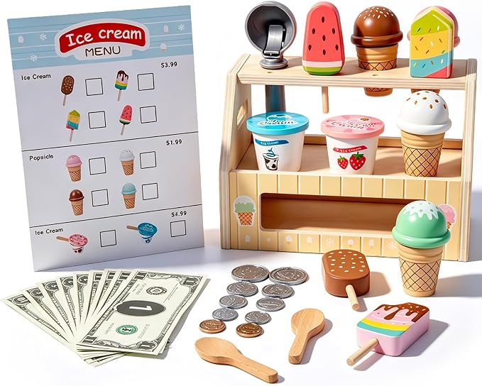 BROWNROOT Wooden Ice Cream Shop Toy with Menu and Play Money for Kids | Features cones, popsicles and cups made from wood, encouraging pretend play and creativity for ages 3+