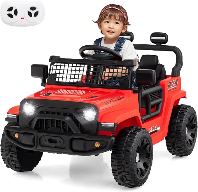 OLAKIDS 12V Ride On Truck, Battery Powered Electric Vehicle for Kids with Remote Control, Foldable Reflective Mirror, Spring Suspension, Music, LED Lights, Ride on Toy for 3+ Boys Girls (Red)