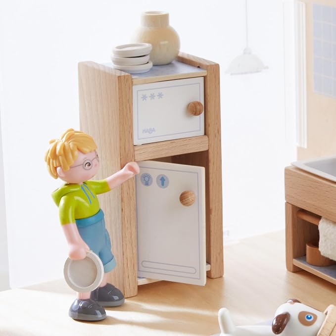 HABA Little Friends Kitchen Room Set - Wooden Dollhouse Furniture for 4" Bendy Dolls