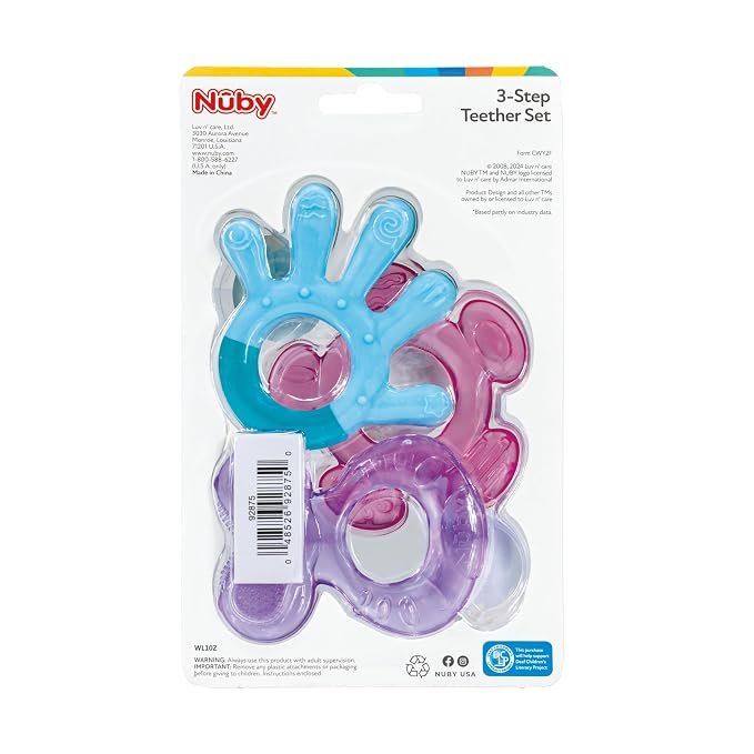 Nuby 3 Step Baby Teether Set for Teething Relief - 3 Count - Soft and Hard Teethers for Babies - Soothes Sore Gums - 3+ Months