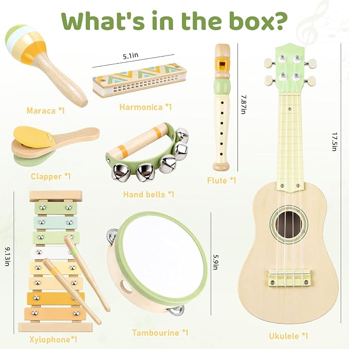 Kids Guitar Set - 8 in 1 Toddler Musical Instruments, Montessori Wooden Baby Ukulele Xylophone Tambourine Maracas Flute, Toy Guitar for Toddler 1-3, Mini Guitar Set Toddler Gifts for 2 Year Old