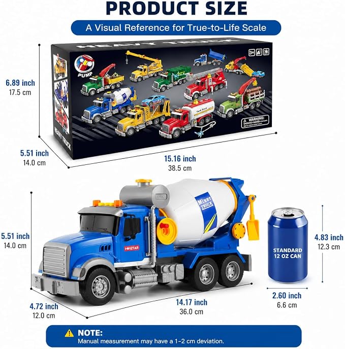 14" Blue Large Cement Mixer Truck Toy, Toddler Truck,for Boys Girls 3 4 5 6 7 8 Years Old,with Lights & Sounds,Holiday and Birthday Gift