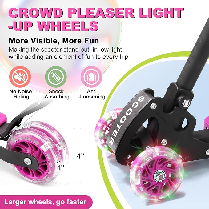 Scooters for Kids 6-8 8-12, Folding 3 Lighted Wheels Kick Scooter,3 Adjustable Height Handlebars, Lean-to-Steer,Widen Anti-Slip Deck, Heavy Duty Scooter for Boys Girls Ages 6-12,up to 170 Lbs