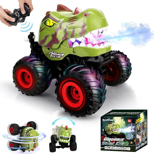 Drefirsa Dinosaur Remote Control Car for Boys 4-7 8-12, 50min+ Runtime RC Car with Spray, LED Light, 360° Rotating & 90° Driving, RC Monster Truck Toy for Kids Birthday