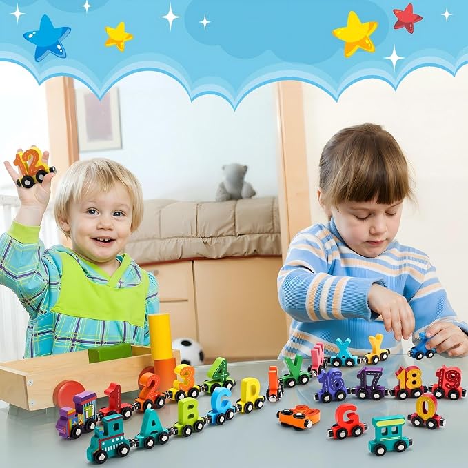 2 Sets/55 Pcs Magnetic Alphabet Number Train Set Montessori Toys for Toddlers Wooden Alphabet Number Preschool Learning Activities Educational Sensory Easter Basket Stuffers Birthday Gifts
